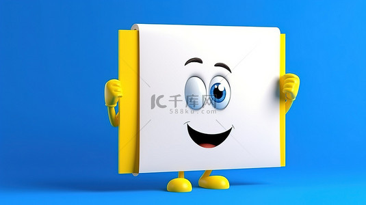 卡通黄色海报设计背景图片_带有黄色背景和空横幅的蓝皮书吉祥物，用于设计 3D 渲染