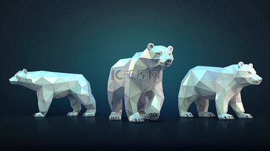 各种由钻石制成的动物雕像，其中包括一只漫游的熊，通过连续循环的低多边形 3D 动画突出自然和野生动物的美丽
