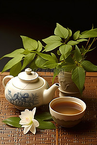 人物礼仪背景图片_一个茶壶和一朵莲花的植物