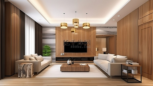 带 3D 渲染和电视的木质时尚现代起居室和餐厅