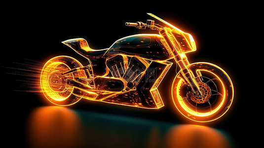 摩托车的未来派 3D 插图，带有发光线条和点，融合了运动技术和交通概念