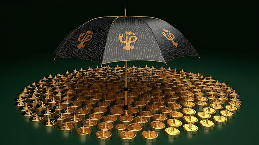 丰富的加密货币财富链硬币像雨一样落在孤立的 3D 渲染伞下