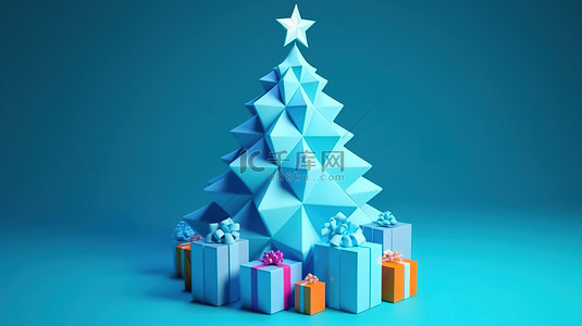 卡通风格的圣诞树 3d 渲染与礼品盒和蓝色背景上闪亮的星星