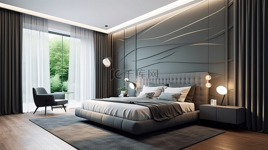 高档主卧室设计宽敞的床，配有令人惊叹的镶板存储空间和现代吊顶 3D 渲染