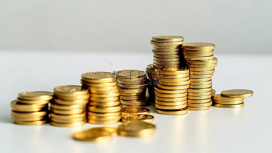 白色背景下闪亮的一堆金币象征着 3D 渲染的商业投资的盈利能力和成功