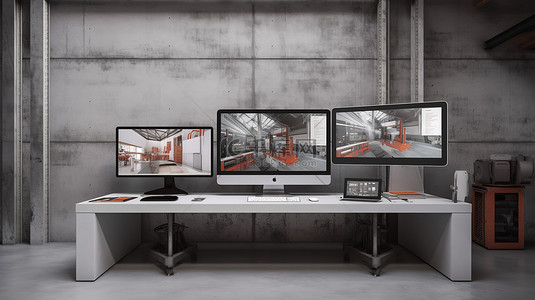 工业背景图片_在工业办公室设置 3d 渲染中可视化响应式网站设计
