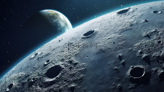 星云背景背景图片_宇宙景观月亮中间的恒星行星星系和星云在外太空 3d 渲染