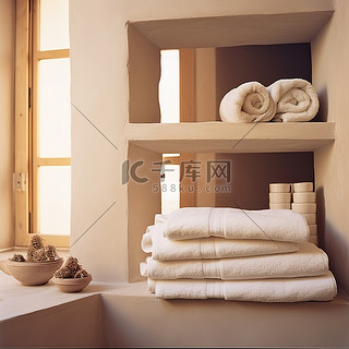 浴室的架子上放着毛巾，还有窗户
