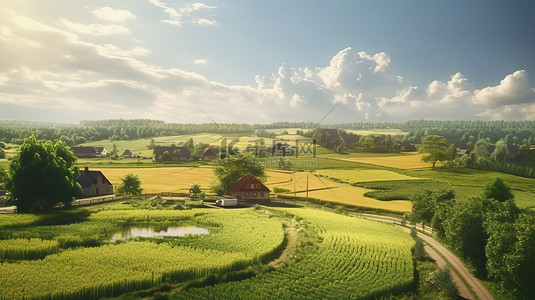 乡村小路背景图片_令人惊叹的 3D 插图风景秀丽的夏季乡村，拥有生机勃勃的农田和迷人的乡村住宅