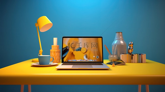 蓝色桌面背景图片_3D 渲染工作设置，配有黄色和蓝色桌面以及笔记本电脑