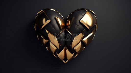 优雅的 3D 插图黑色和金色心形，具有现代设计，在引人注目的黑色背景上象征着从近距离角度的爱