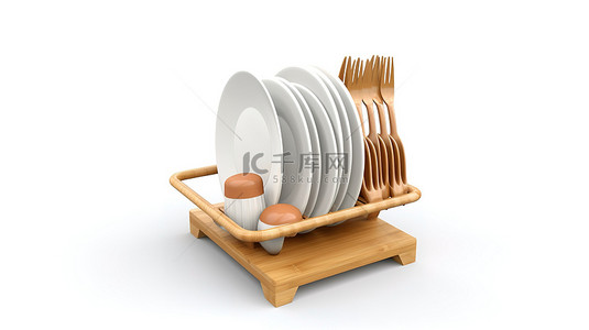 木板桌子背景图片_白色背景，带有厨房竹制餐具干燥架的 3D 渲染