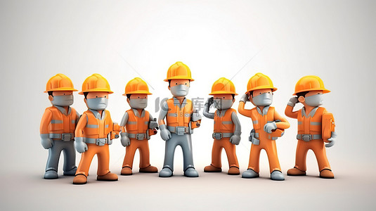 一群穿着安全背心和安全帽的工业建筑商，以 3D 卡通风格插图描绘