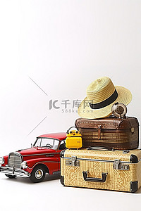 黄色帽子背景图片_复古黑色手提箱草帽黄色收音机玩具车和复古收音机