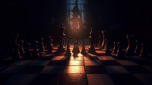 国际象棋王在黑暗中投射阴影 3D 渲染艺术
