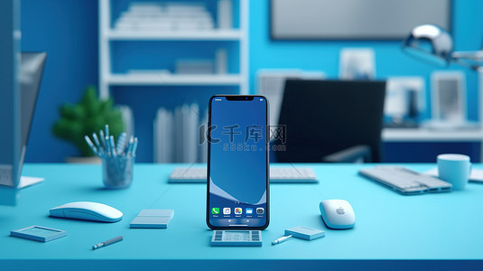 蓝色办公桌背景上的手机的 3D 插图