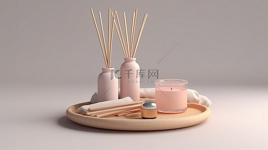玻璃贴背景图片_带香气扩散器蜡烛和香水 3D 渲染的木质香棒