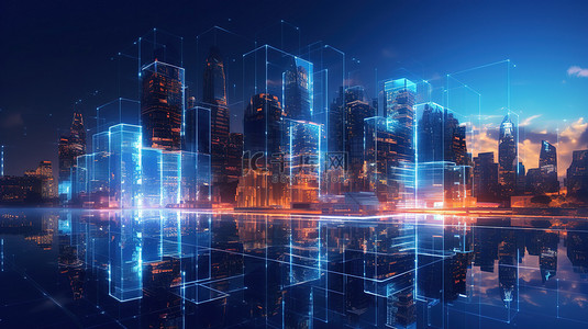 智慧科技背景图片_未来科技大城市发光智能建筑与先进技术 3D 渲染