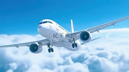 一架商用飞机在清澈的蓝天中翱翔的 3D 插图