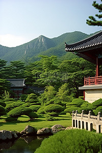 长廊文化背景图片_亚洲花园和山脉