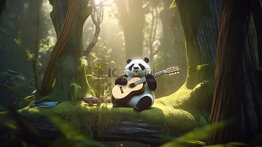 一只熊猫在森林中的竹树上弹奏吉他的 3d 插图