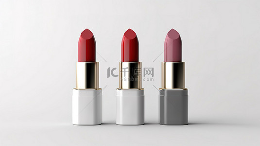 化妆品包装设计样机的 3D 插图，白色背景上隔离的口红