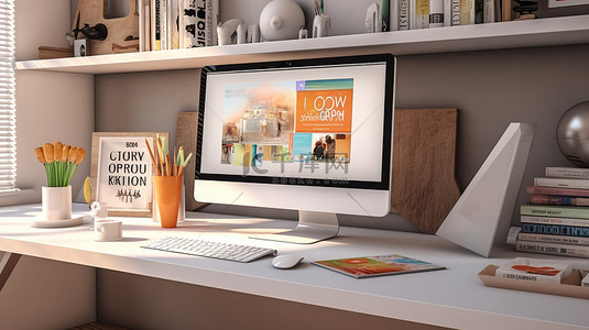 学生桌的学生背景图片_家庭办公室桌面上显示的在线学校网站的 3D 渲染