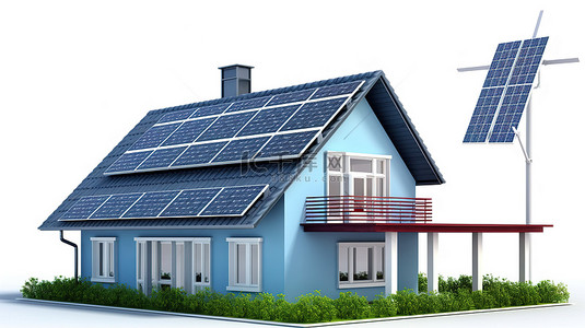 白色背景的 3D 渲染显示带有蓝色太阳能电池板和风车的住宅建筑