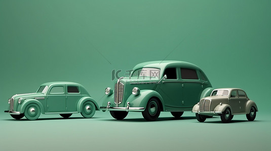 孤立绿色背景上 3D 插图中的老式汽车收藏，非常适合展示或玩耍