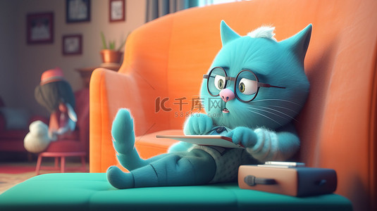 没有吸引力的 3D 角色躺在沙发上一边滚动手机一边抚摸可爱的猫科动物