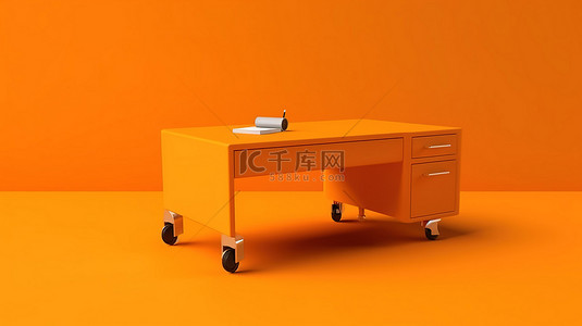 公司单位背景图片_3D 渲染背景上的简约橙色单色办公桌