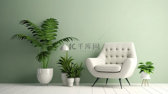 现代室内设计，以白色扶手椅和绿色植物花瓶为特色，在充满活力的绿色背景上以 3D 呈现