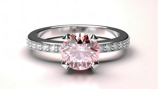 光滑的钻石戒指位于 3D 渲染中白色背景的空玻璃上