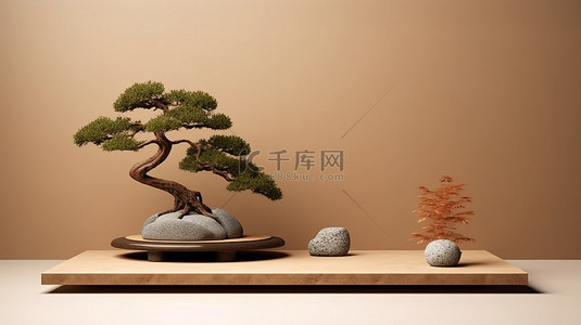 禅背景图片_棕色背景 3D 渲染中的盆景树和日本石讲台