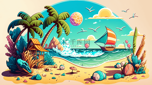 卡通缤纷夏日背景图片_夏日沙滩椰子树缤纷背景