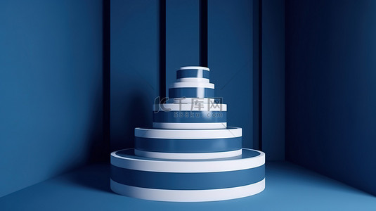在 3D 渲染模型中带有白色条纹的蓝色讲台，用于在蓝色房间背​​景下展示产品