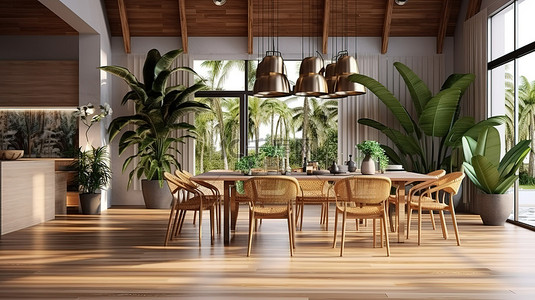 令人惊叹的冰岛风格厨房 3D 可视化，配有优雅的热带木质餐桌椅