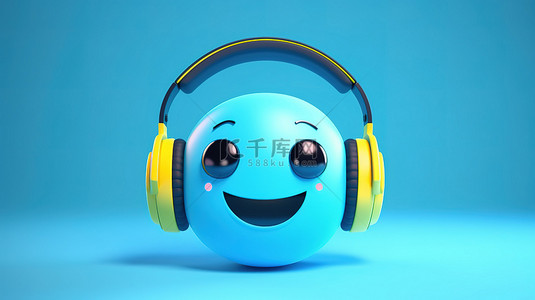 蓝色背景上耳机表情符号和音乐的 3D 渲染