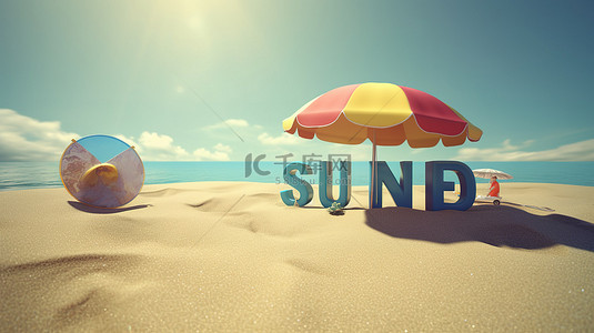 带有漂浮配件的海滩岛上的暑假氛围 3d 文本