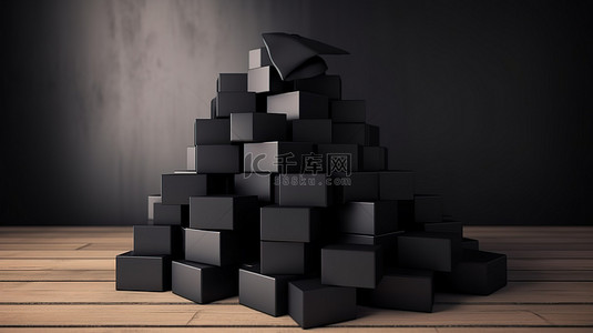 教育方框背景图片_3d 渲染中堆叠方框上的教育意义概念黑色毕业帽