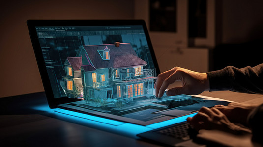 房屋信息背景图片_工作站设置将笔记本电脑与 3D 模型房屋和研究数据界面屏幕相结合