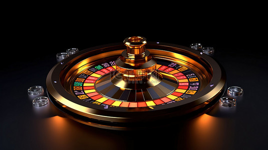桌牌背景图片_闪闪发光的 3D 轮盘赌轮，霓虹灯闪闪发光，金币和骰子在光滑的黑色背景上