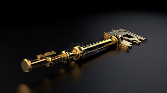 闪闪发光的黑色金属背景的 3D 渲染与精心制作的金钥匙