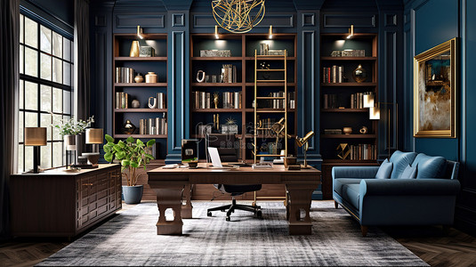 优雅的家庭办公室，配有蓝色墙壁木桌和书柜，采用经典风格 3D 渲染