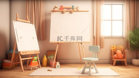 用于儿童学习的卡通白板和椅子的 3D 渲染