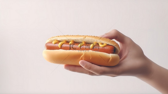 卡通风格 3D 插图，一只手在白色背景上拿着热狗