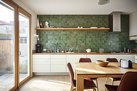 厨房背景图片_这个厨房铺的是绿色瓷砖