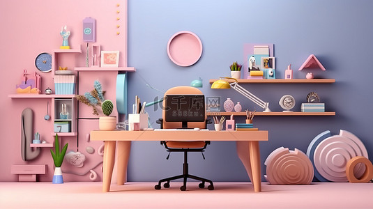 桌子卡通背景图片_3D 渲染的卡通工作空间，可在家庭或办公室环境中进行创意工作