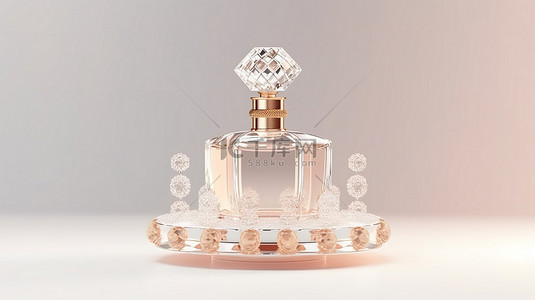 白色讲台上女性香水瓶的 3D 渲染，配有宝石和钻石，营造出奢华的感觉