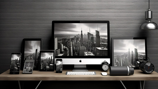 时尚黑白家庭办公室 3D 渲染中时尚响应式设计设备的集合